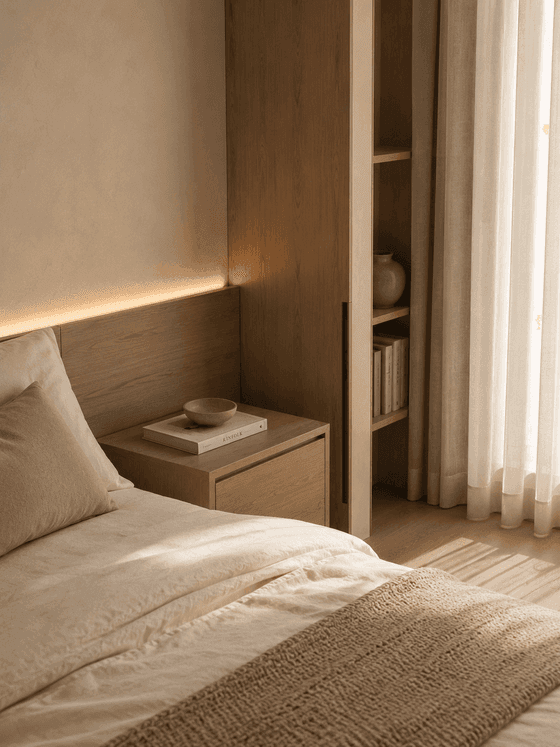 A bedroom in warm oak and linen