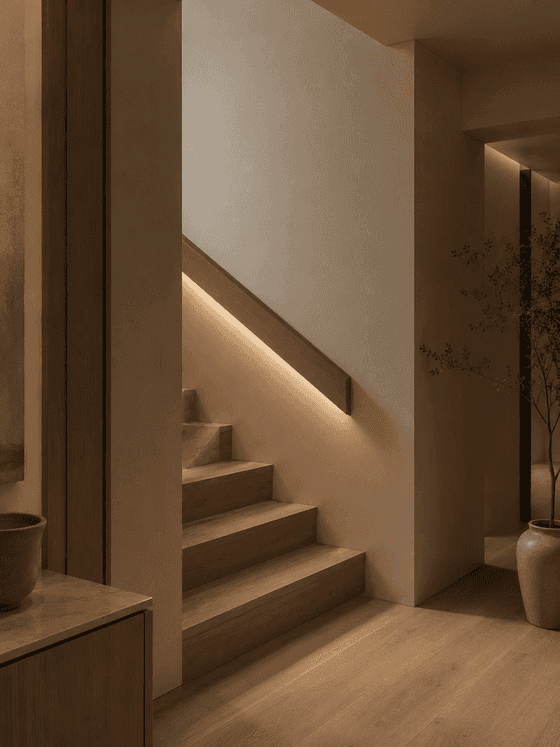 A stone counter under a lit alcove