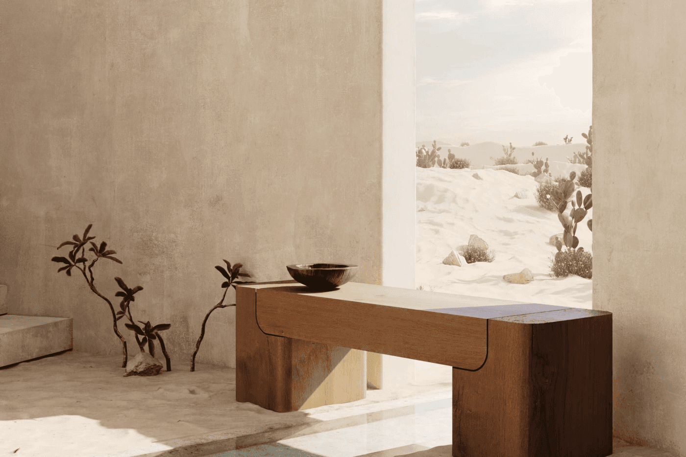 A timber bench in a rendered courtyard