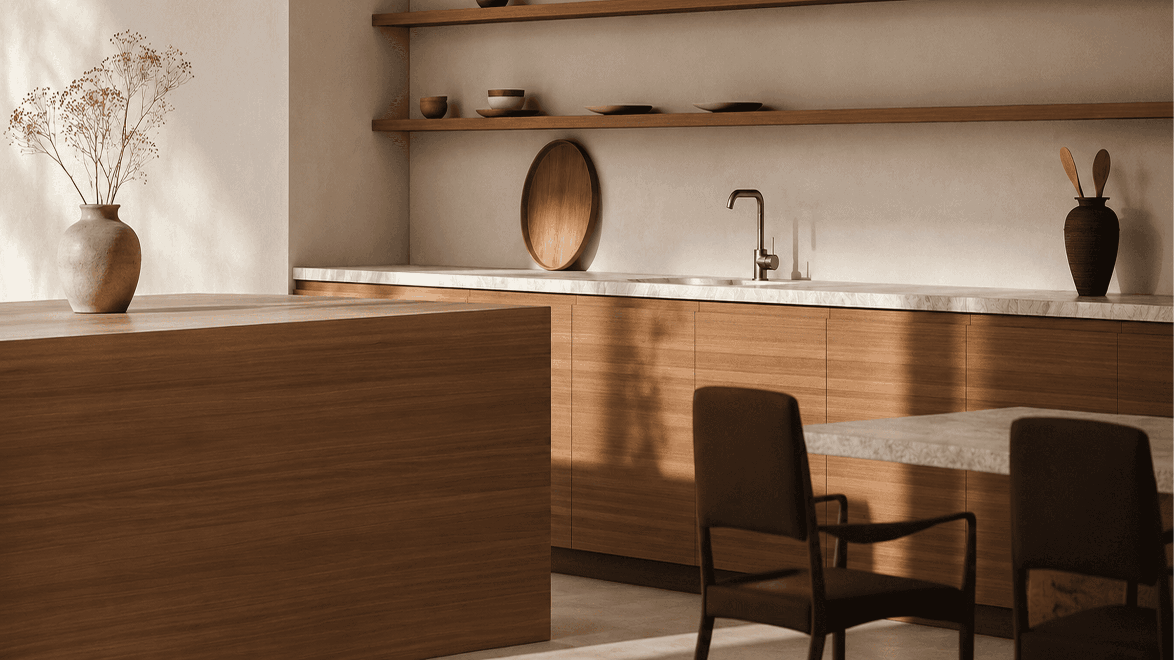 A kitchen in walnut and marble, lit from one side
