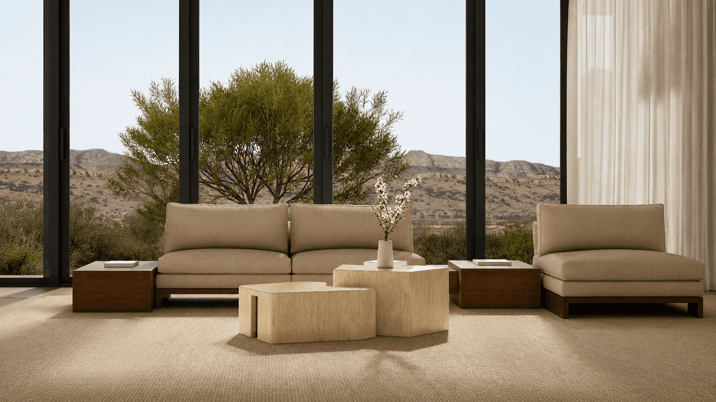A living room opening onto a desert landscape