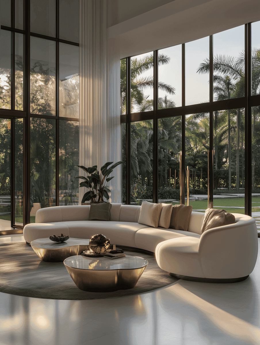 A curved sofa against full-height glazing
