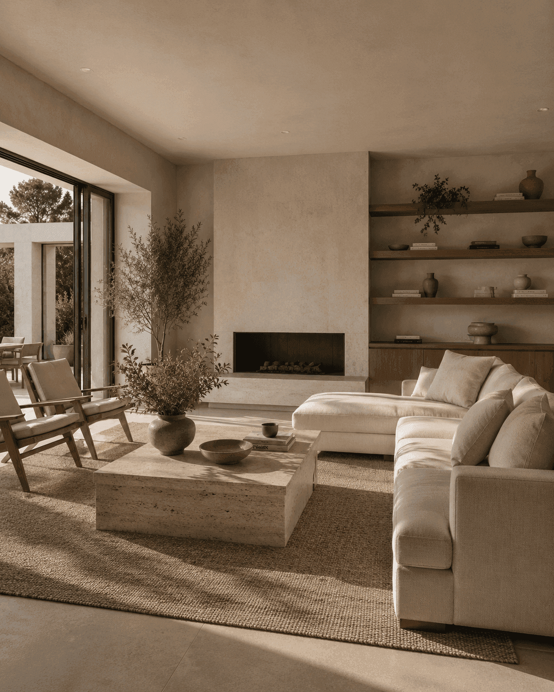 A living room around a stone fireplace