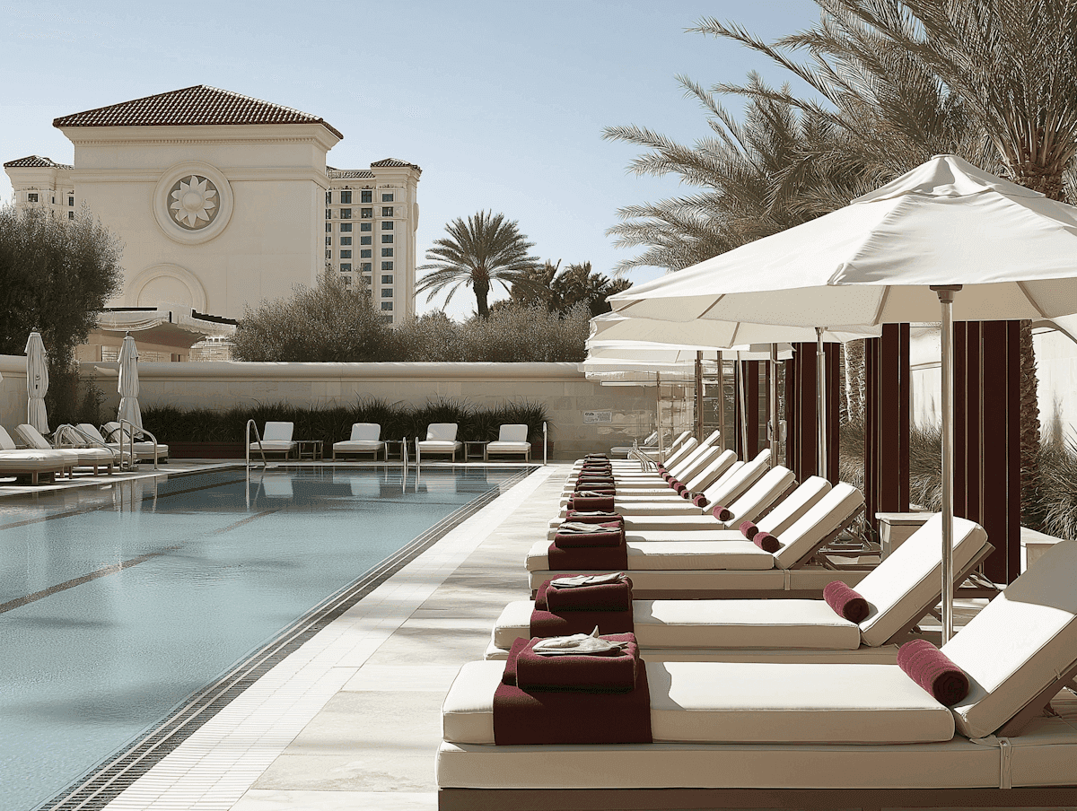 A pool terrace lined with parasols