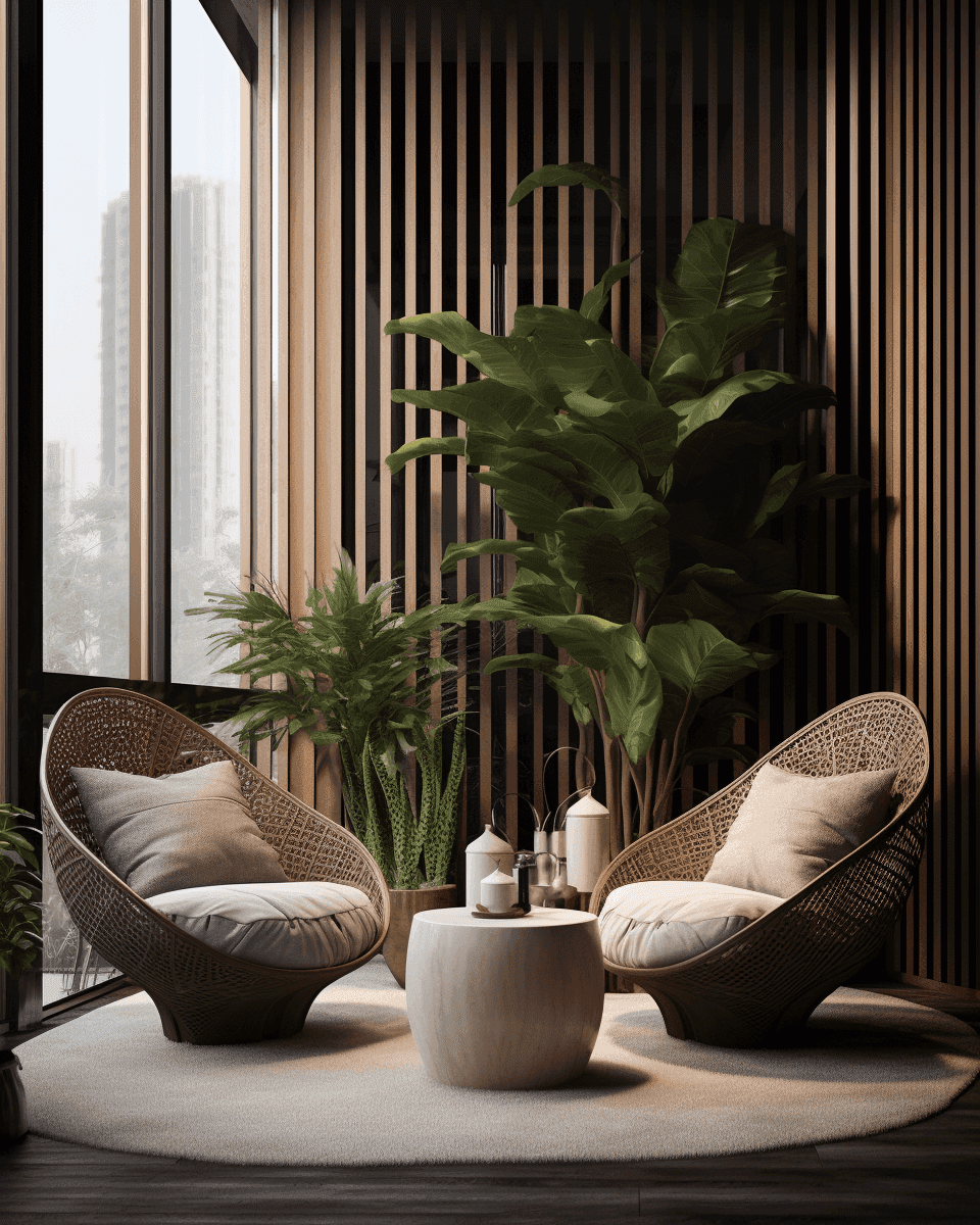 Rattan chairs against a slatted timber wall
