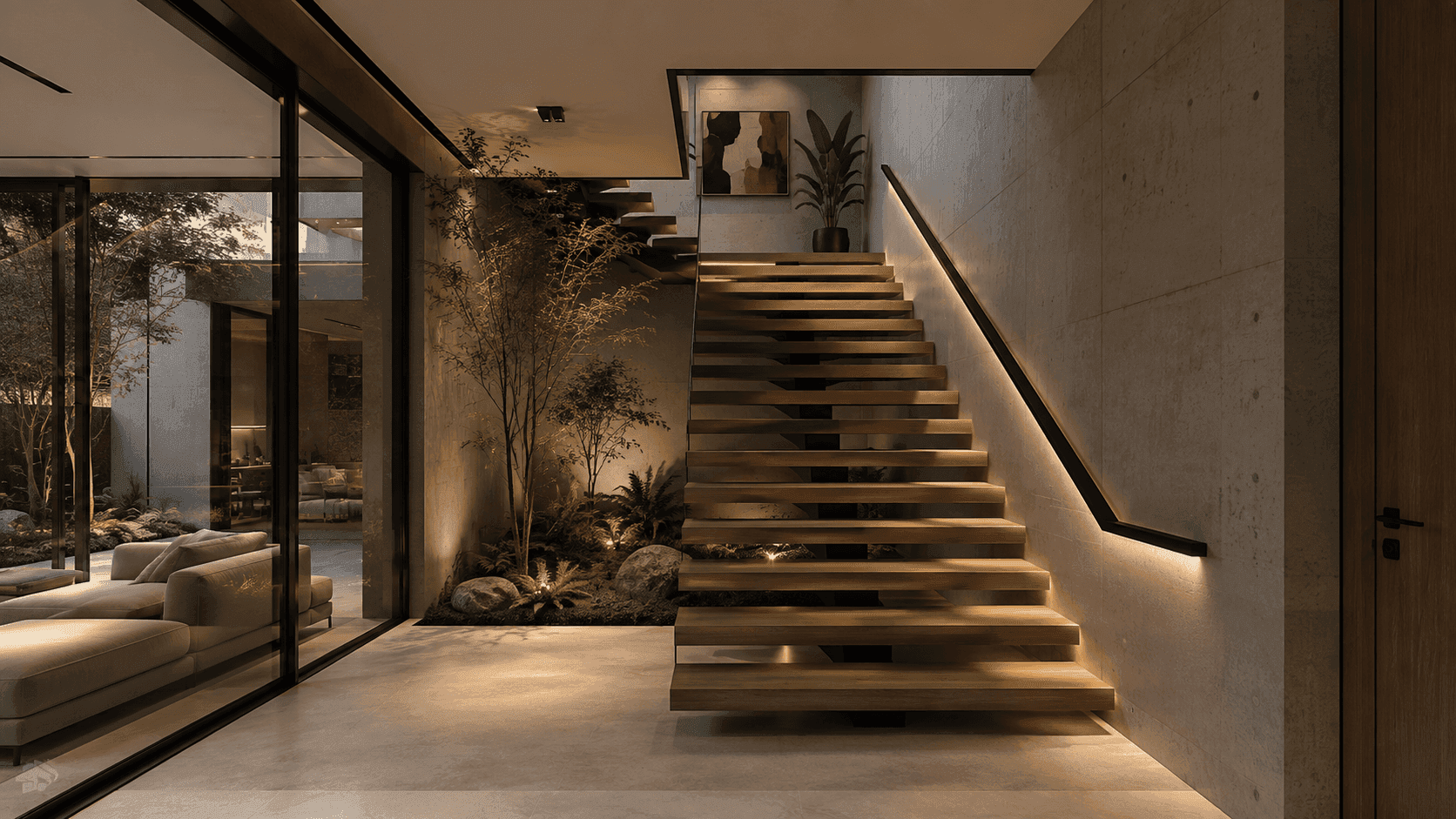 A lit staircase in a dark stone hall