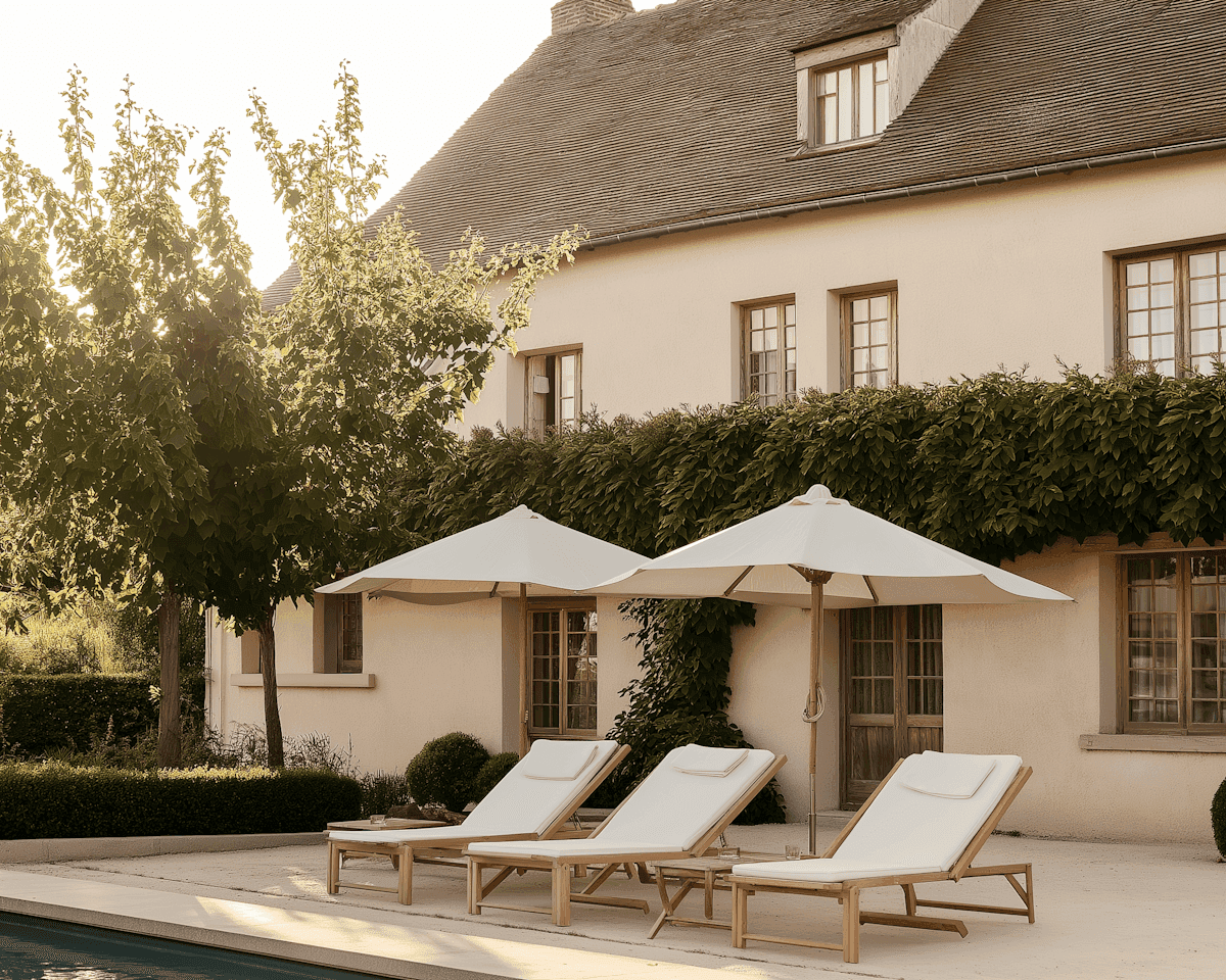 A villa terrace with loungers and clipped hedging