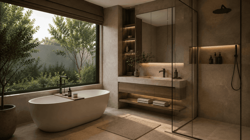 A bathroom in travertine